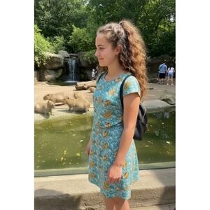 SM Wardrobe Sloth Tropical Palm Print Fit and Flare Dress Teal Green Womens